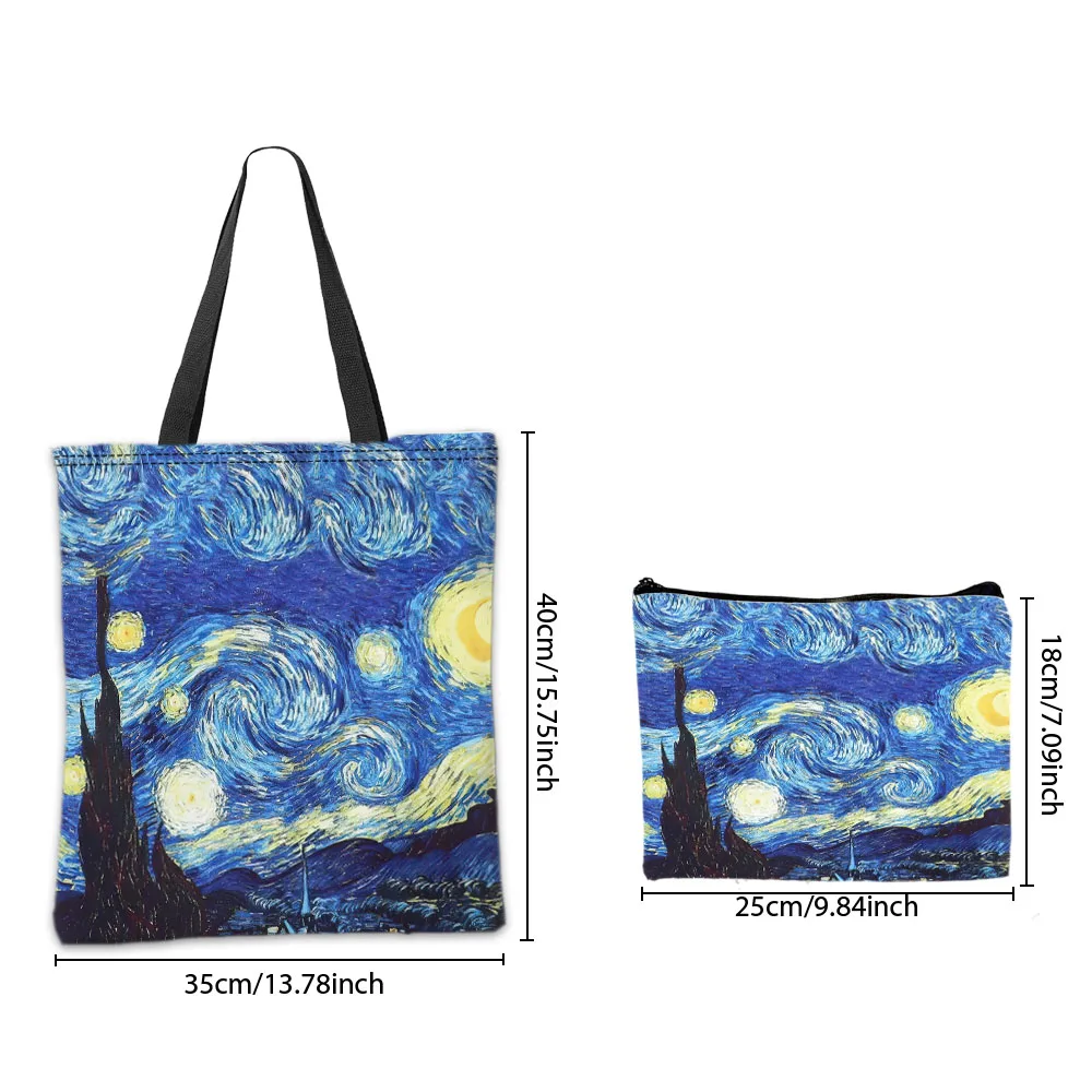 Van Gogh Series Tote Bag Cosmetic Pouch Oil Painting Starry Night Sunflower Travel Handbag Practical Combination Shopping Bags