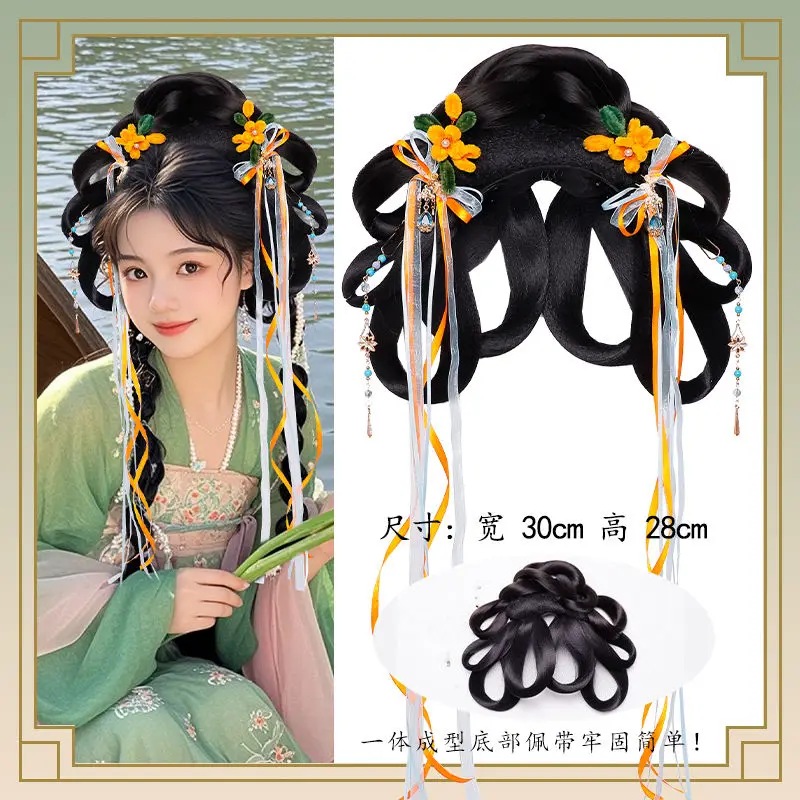 Set di parrucche professionali per foto Hanfu: fascia per capelli all-in-one con chignon - Parrucca clip-on con accessorio per capelli antico cinese stile fata