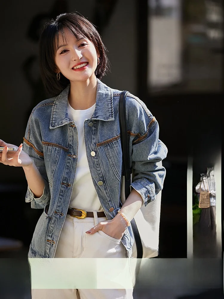 

Spring 2026 Xhange Pure Cotton Denim Jacket Retro Washed Straight Leg Design Long Sleeve Women's Fashion Short Outerwear