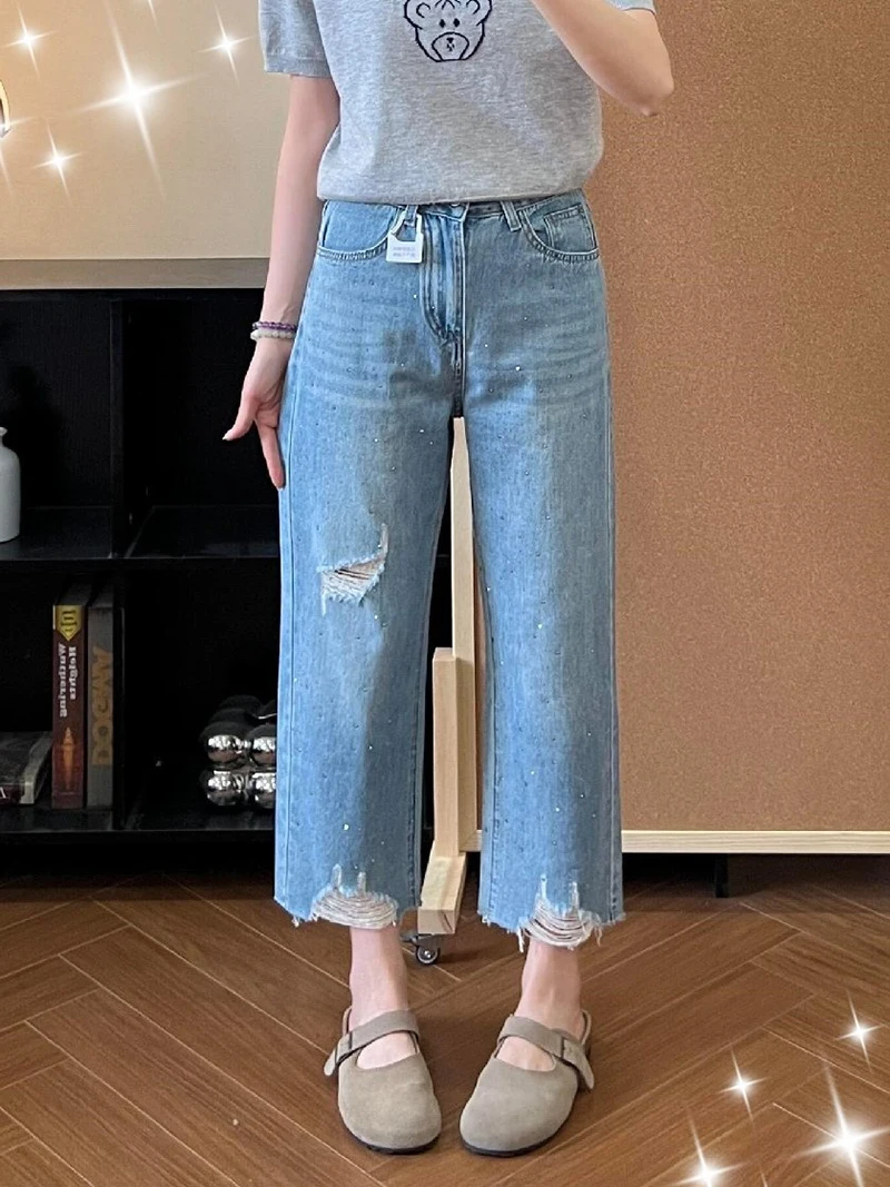 Korean Style High Waist Capri Jeans For Women Summer Ripped Rhinestone 8th Length Denim Pants Straight Leg Raw Hem Pants