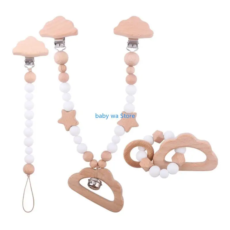 

3 Pcs/Set Baby Stroller Pendants Pacifier Chain Pram Clip with Silicone Beads Infants Wooden Teether Bracelet Rattle 4XBD