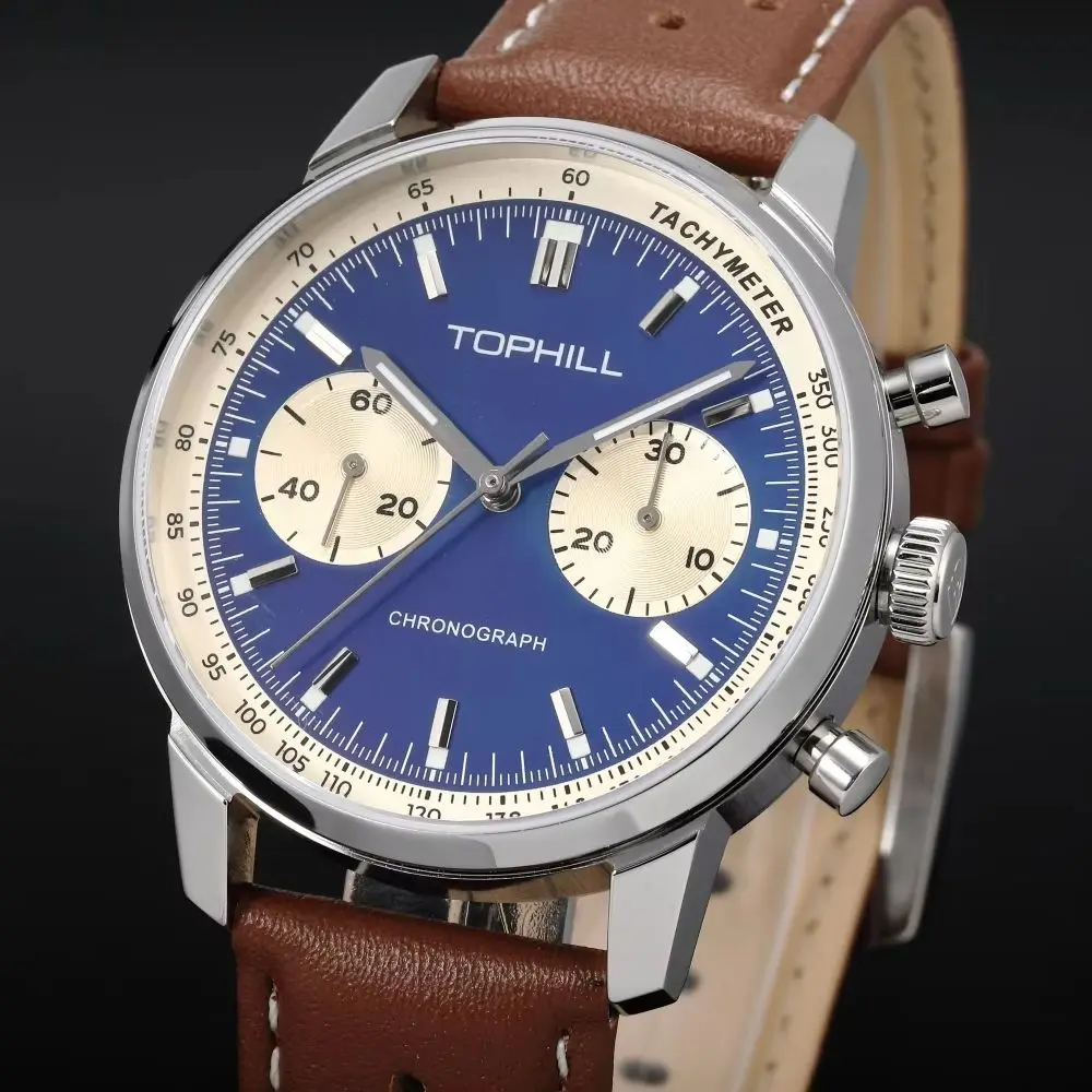 TOPHILL 40mm Chronograph Watch Mechanical Pilot 1963 ST1901 Hand Winding Sapphire Crystal Military C3 Luminous 5Bar TL027G