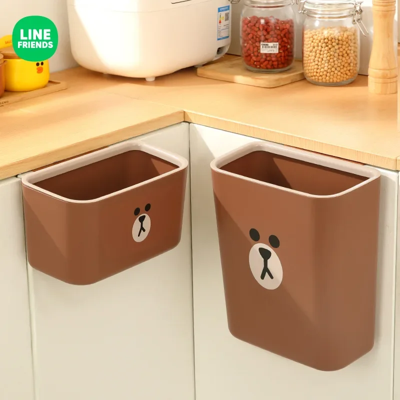 Line Friends Brown Anime Kawaii Cabinet Hanging Lidless Open Trash Can Cute Cartoon Home Wall Mounted Kitchen Large Trash Can