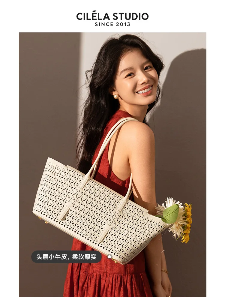 

Hollow out tote bag, seaside vacation style genuine leather women's bag, large capacity hand-held shoulder bag for women