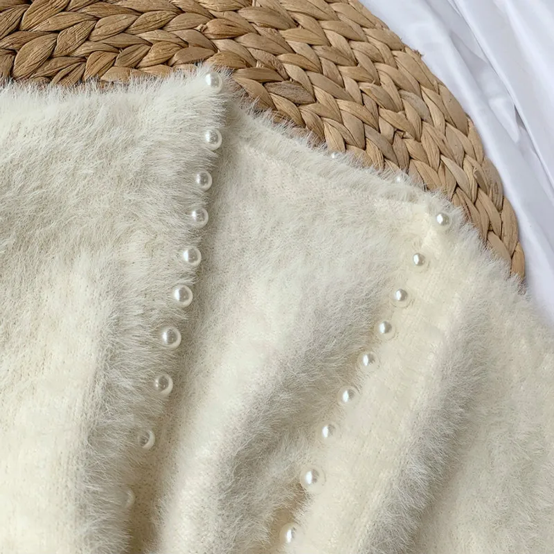 Women Mohair Knitted Cardigan Spring Autumn Loose Lazy Autumn Beaded Sweater Coat Cashmere Pearls Jacket Crop Tops Mujer Sueter