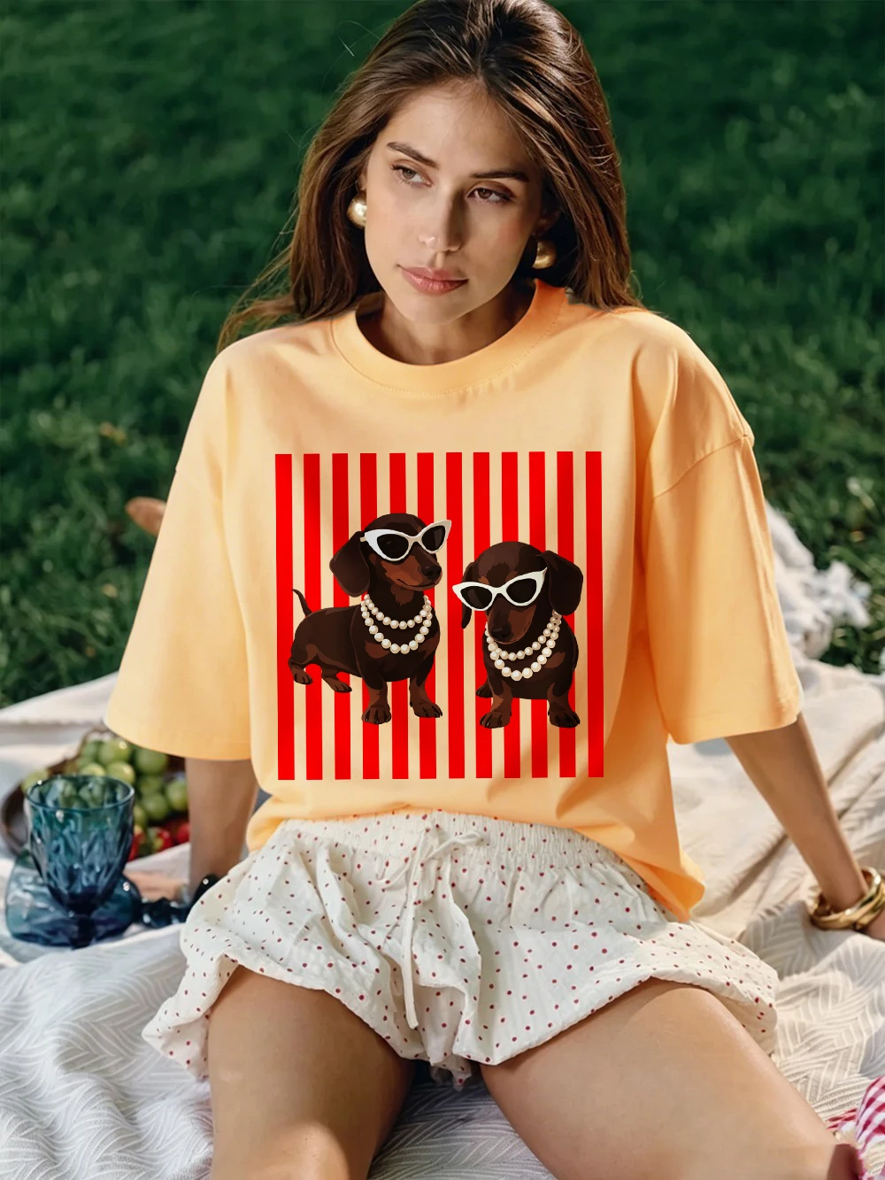Pearl Dachshund Hundemotiv T-Shirts Baumwolle Damen Sommer Kurzarm T-Shirt Lässige Weiche Oversized Tops Basic O-Ausschnitt Kleidung – Detail 19
