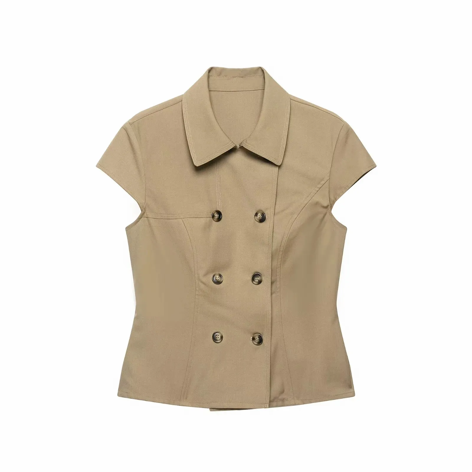 Damen Doppelreihige Bluse 2026 Sommer Kurzarm Umlegekragen Slim Fit Knopfleiste Hemd Elegante Büro-Damen Oberteile – Detail 2