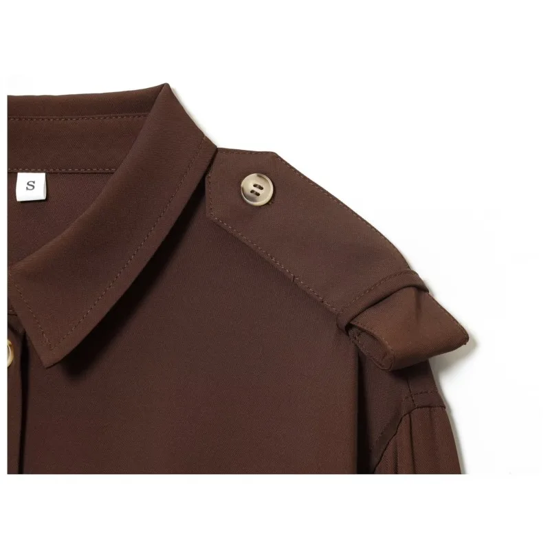 المرأة بدوره إلى أسفل طوق قميص بأكمام طويلة الخريف حزام الكتف الزينة أضعاف الحاشية الأمامية زر عادية الإناث القمم