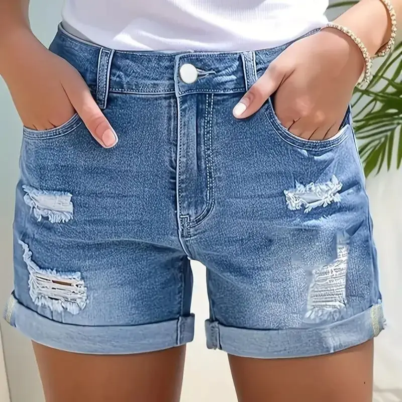

Женские джинсовые шорты стрейч с бахромой, в уличном стиле, с высокой талией, удобные, универсальные, облегающие, с дырками, ультракороткие брюки
