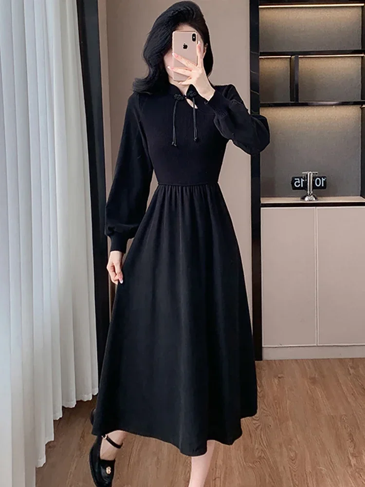 Autumn Winter Black Patchwork Knitted Long Dress Women Long Sleeve Bodycon New in Dress 2024 Korean Vintage Elegant Party Dress