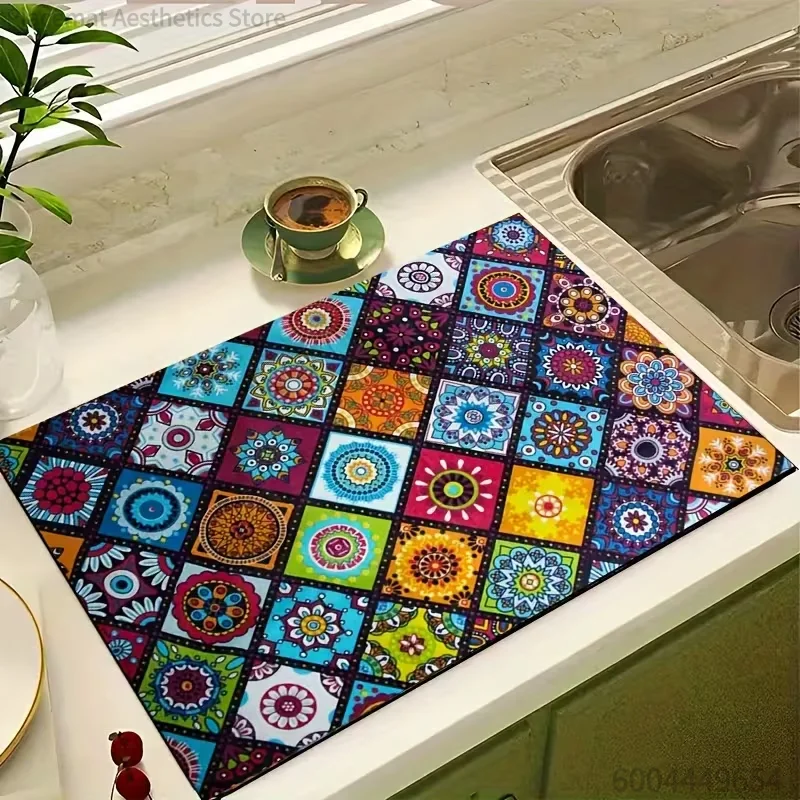 Vintage Tile Sunflower Flower Strawberry Print Super Absorbent Drying Mat Waterproof Decor Placemat