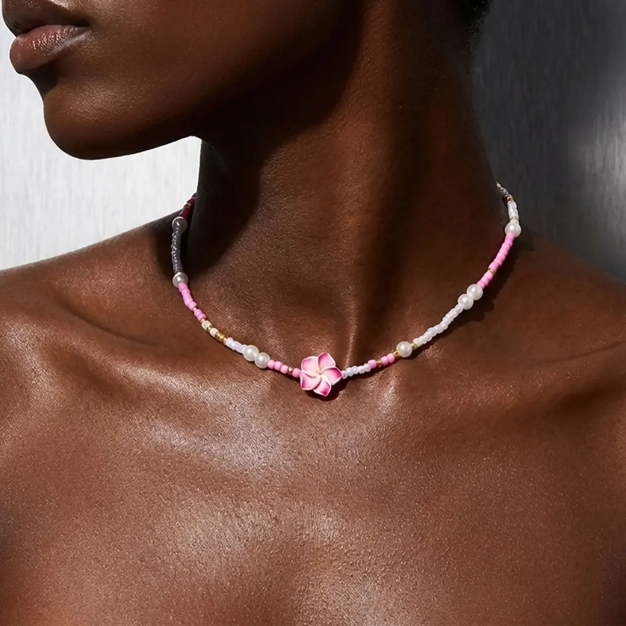 Minimalist Rice Bead Chain Necklaces Bohemian Sweet Colorful Soft Polymer Clay Flowers Necklaces Friendship Jewelry Gifts