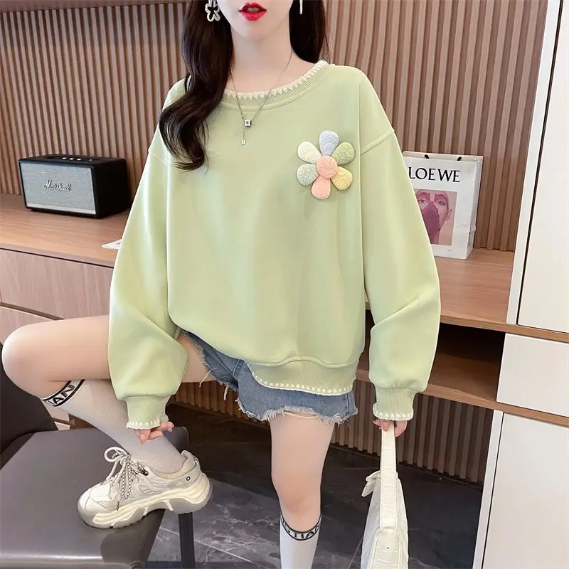 Women\'s 2024 Spring Autumn New Splicing Pullovers O-Neck Flower Lace Fashion Solid Color Loose Casual Long Sleeve Sweatshirts