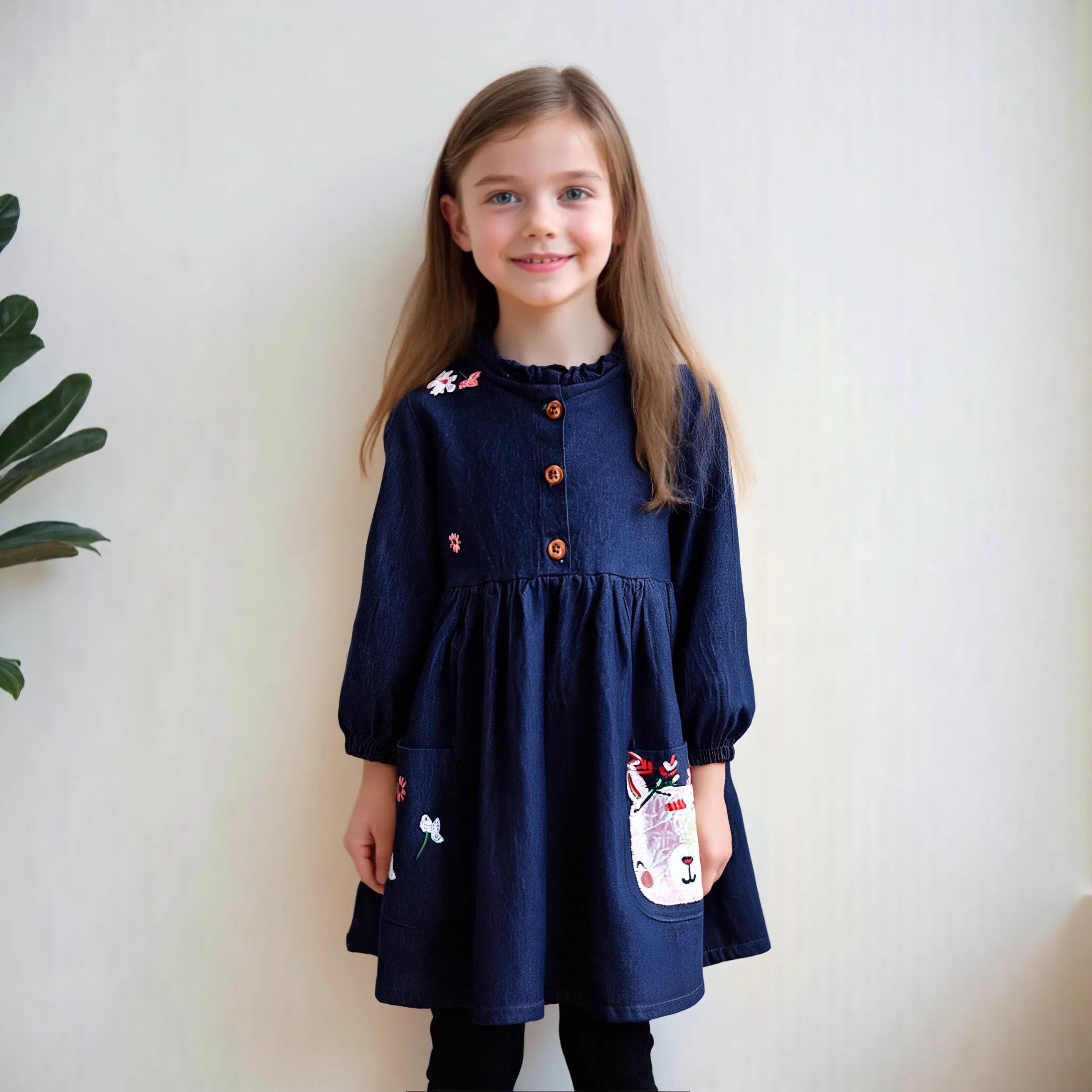 Little maven Girls Denim Skirt Dress Pockets Animal Alpaca Appliques Cowboy Dress for Girls Party Dress Autumn Children's Dress