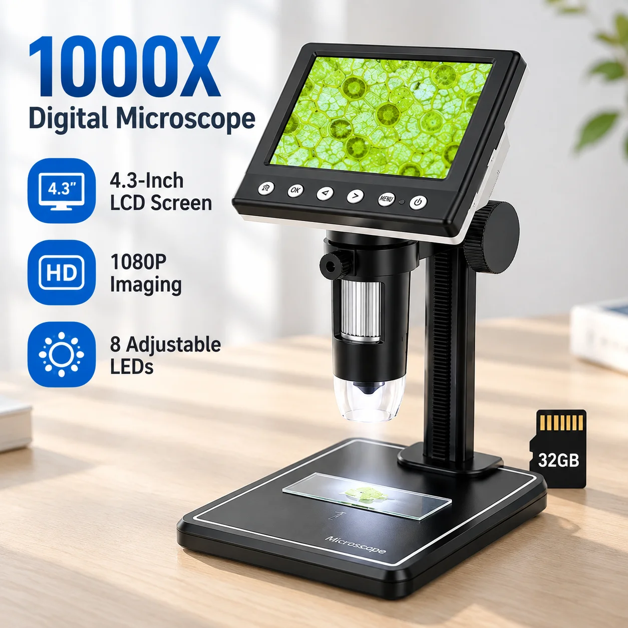 1000X Rechargeable Digital Microscope, 4.3-Inch LCD Screen, 1080P Imaging, 8 Adjustable LEDs, 32GB Memory Card Included, Black ABS Body, for Science Teaching, Circuit Board and Fabric Inspection, and Home Observation