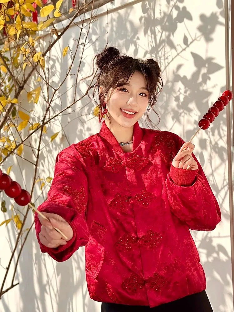 

Red Ele Embroidered down Cotton Jaet Women's Sle 2026 Trendy Unique High-End Feel Heavy Embroidery National Sle Cot...