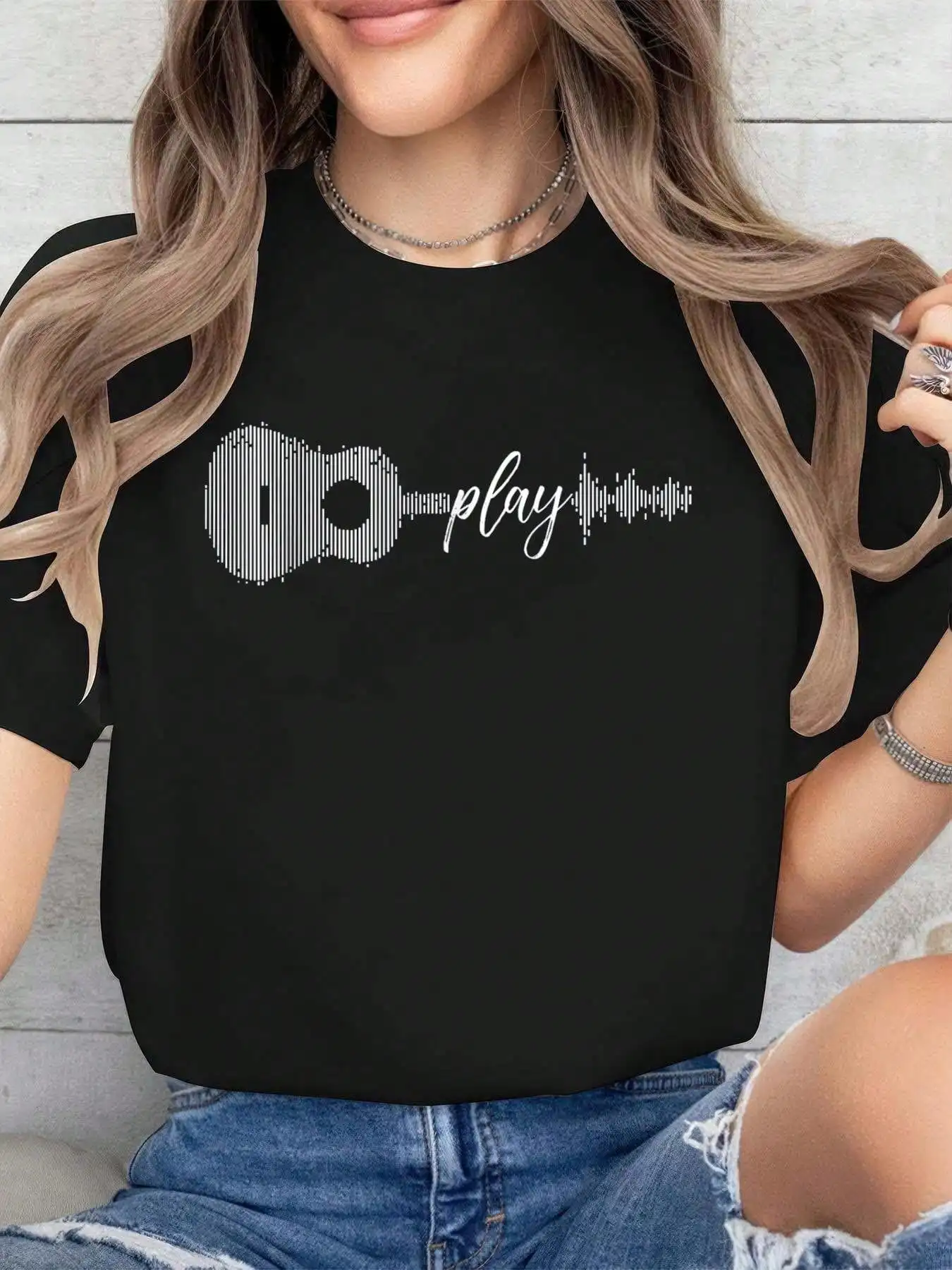 

Play Acoustic Guitar Player Guitarist Gifts Music Lover Band Cotton Printed T-Shirt For Summer, Soft Women's Short Sleeve Top, F
