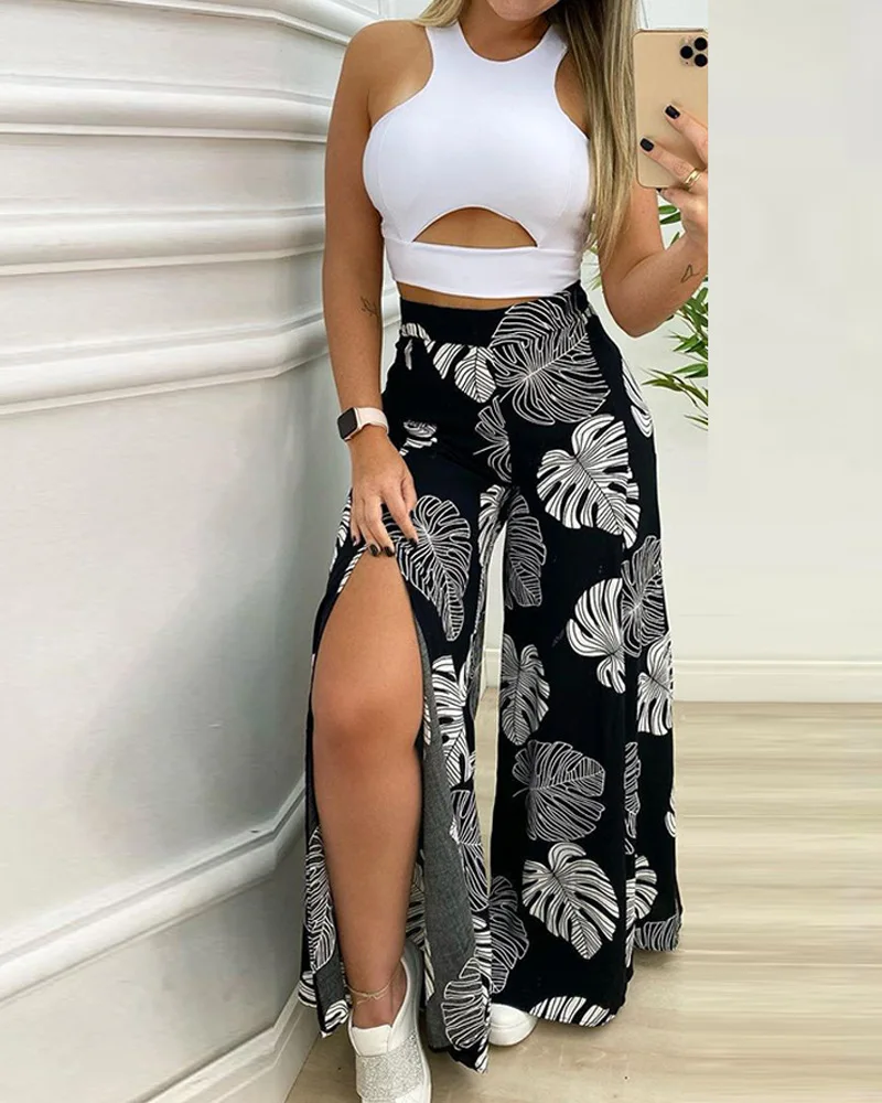 

Women Summer Casual Solid Cut-out Tank Top and Tropical Print Split Wide Leg Pants Set Women Two Piece Suits