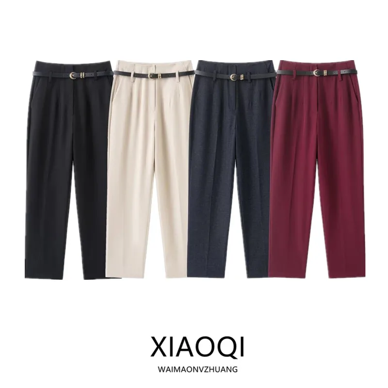 กางเกงขายาวทรงตรงเอวสูงสไตล์ลำลองสำหรับผู้หญิง แฟชั่นทรงเข้ารูป รุ่นใหม่ล่าสุดสำหรับฤดูใบไม้ร่วง พร้อมเข็มขัด กางเกงขายาวลำลอง
