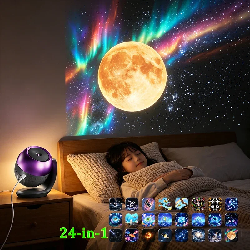 24パターンの星空投影機能付き、内蔵の心地よい音で眠りを誘う、ベッドサイド用のナイトランプ、360度対応。-°-回転式プロジェクションスタンド。寝室の装飾や子供へのプレゼントに最適。