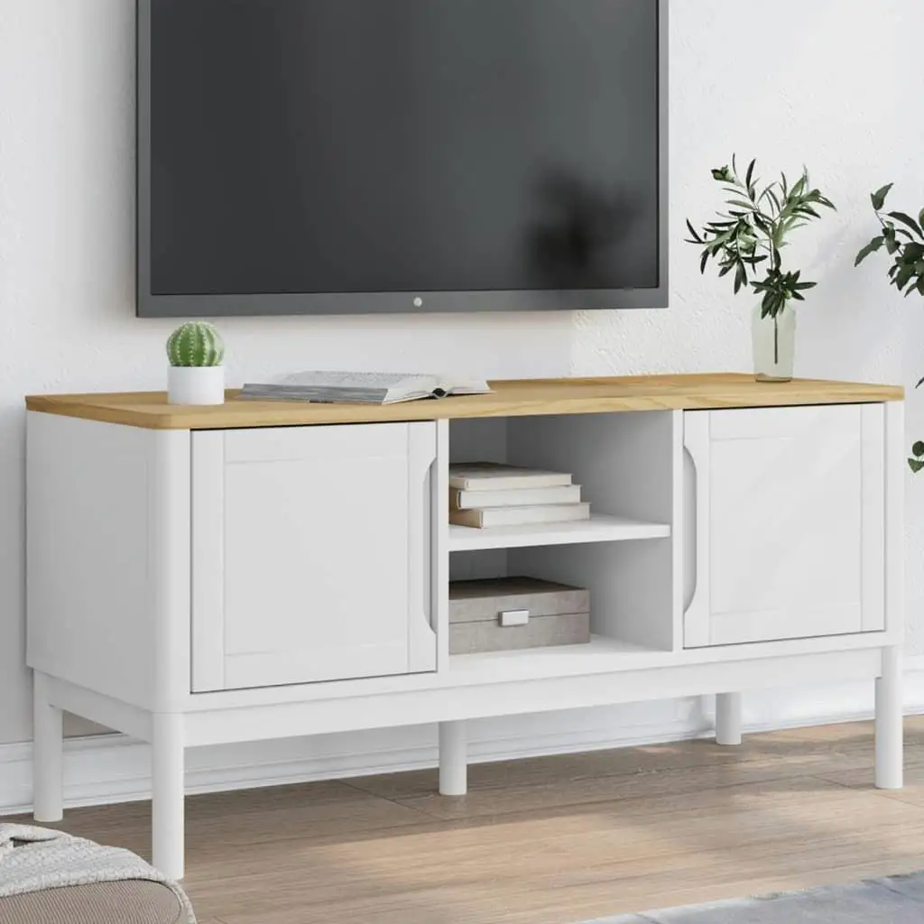 FLORO White TV Stand 44.9''x16.9'' Solid Pine Wood Furniture - Stylish Storage Solution