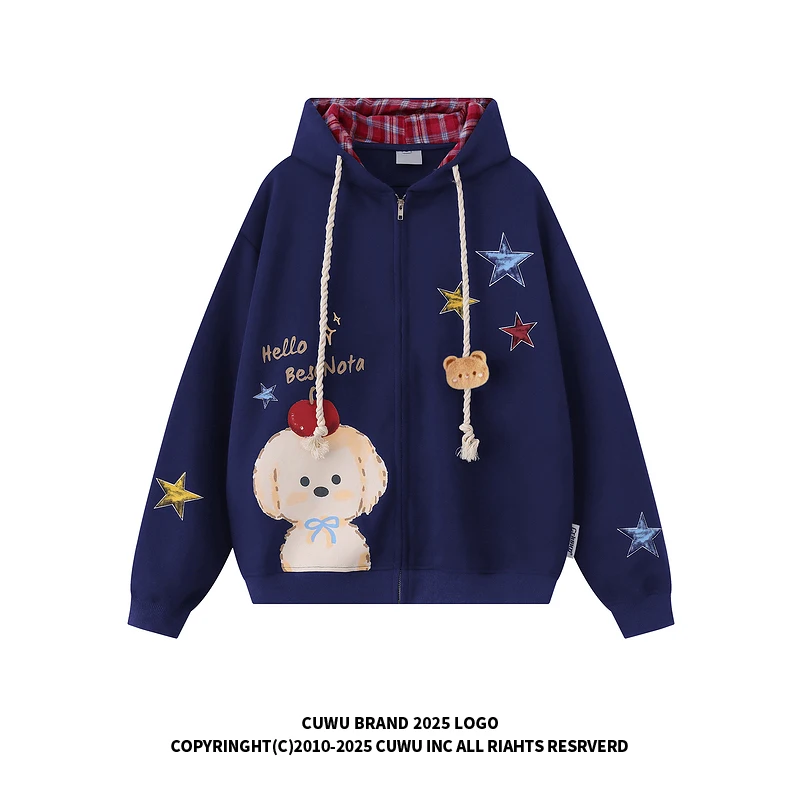 Bluza z kapturem w amerykańską kratę z nadrukiem misia, rozpinana, damska/męska, luźna, w stylu casual, odzież wierzchnia na sezon jesieni.