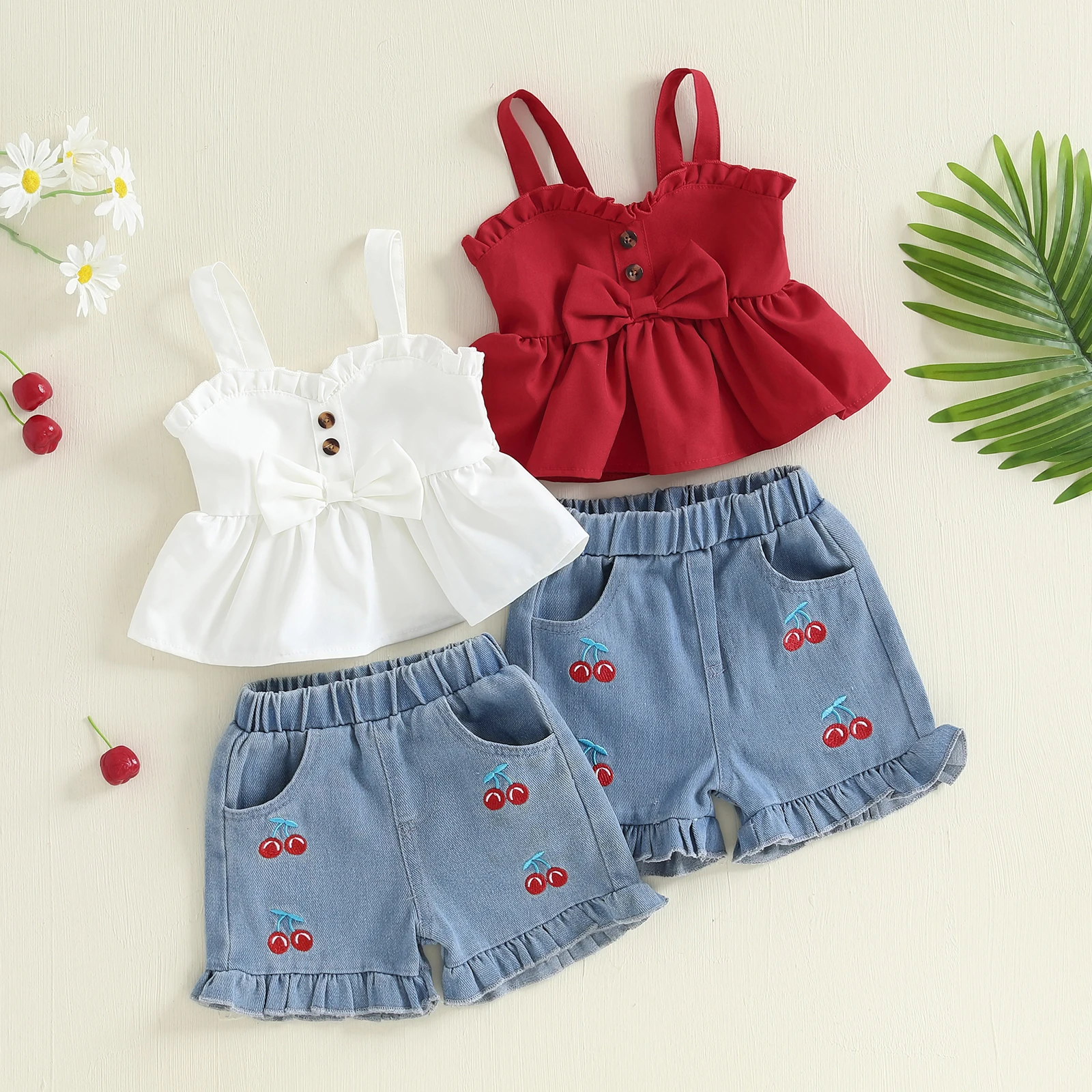 1-6Y Kids Girls Summer Short Outfits Bow Sleeveless Camisole Top and Elastic Cherry Embroidery Denim Shorts Sets