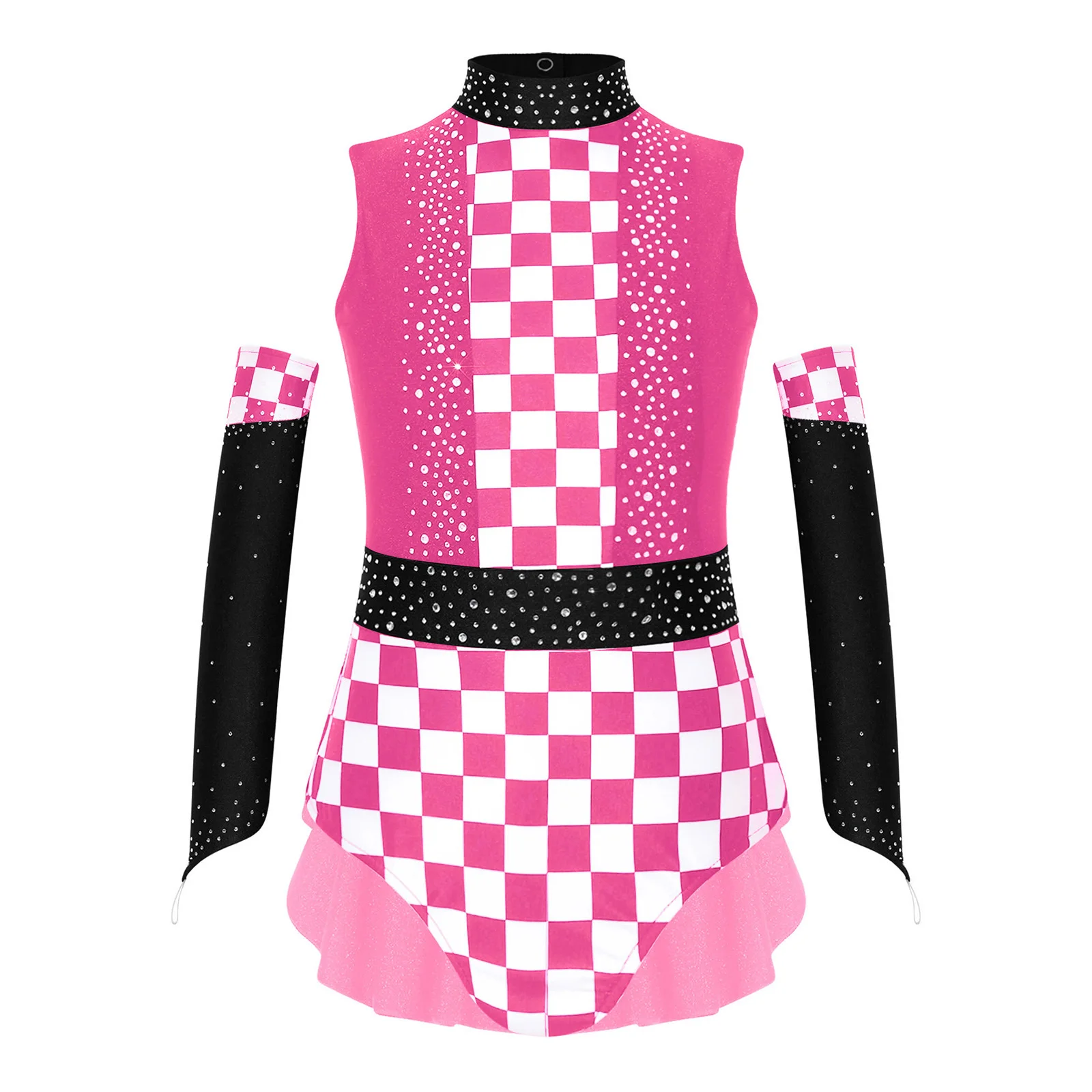 

Girls Rhinestone Plaid Ice Skating Dance Leotard Sleeveless Back Cutout Ruffle Overlay Sparkly Stretchy for Competition Show