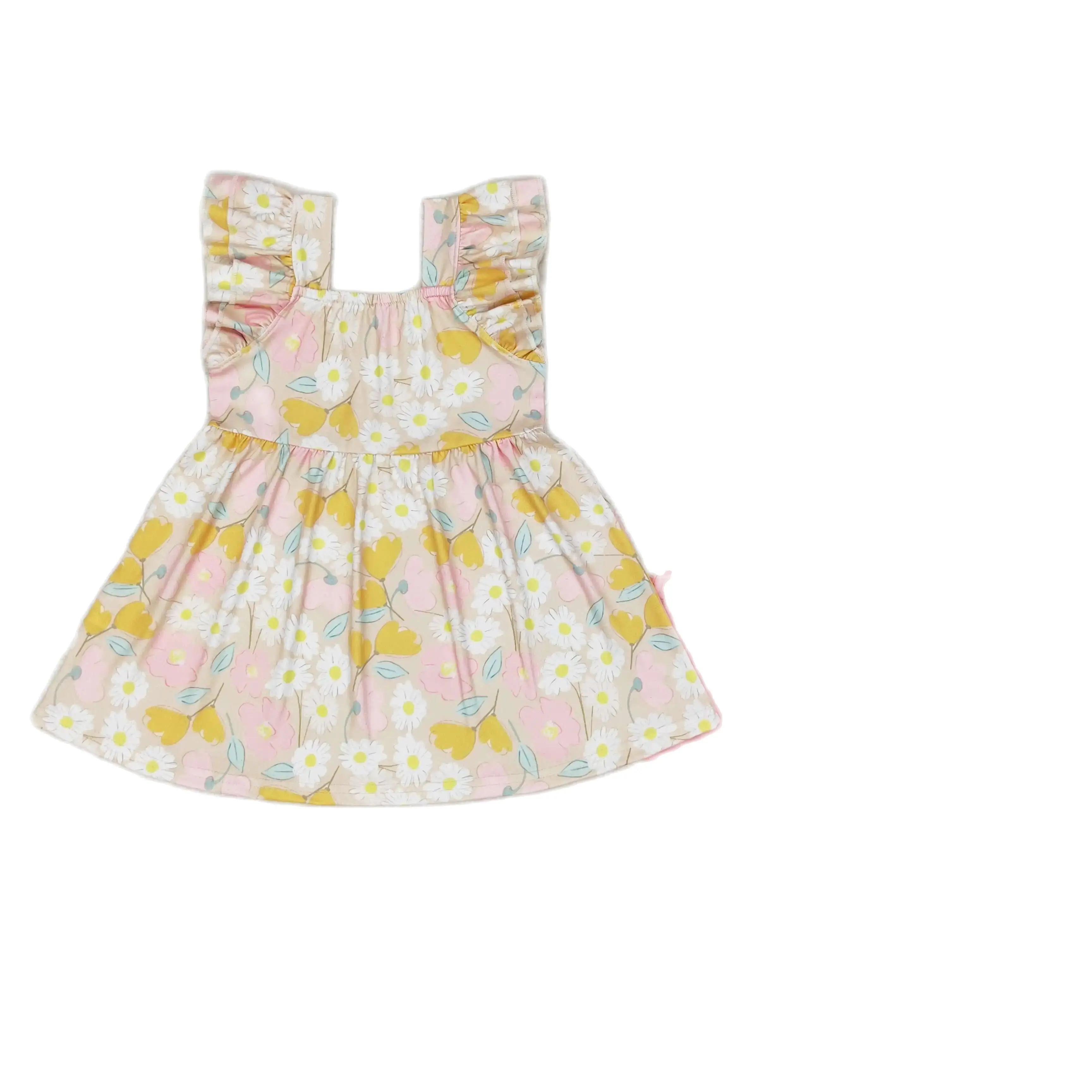 

GSSO1254 Kids Girls Summer Outfit Sets Flying Sleeves Top Flowers Brown Print With Shorts Children Clothes