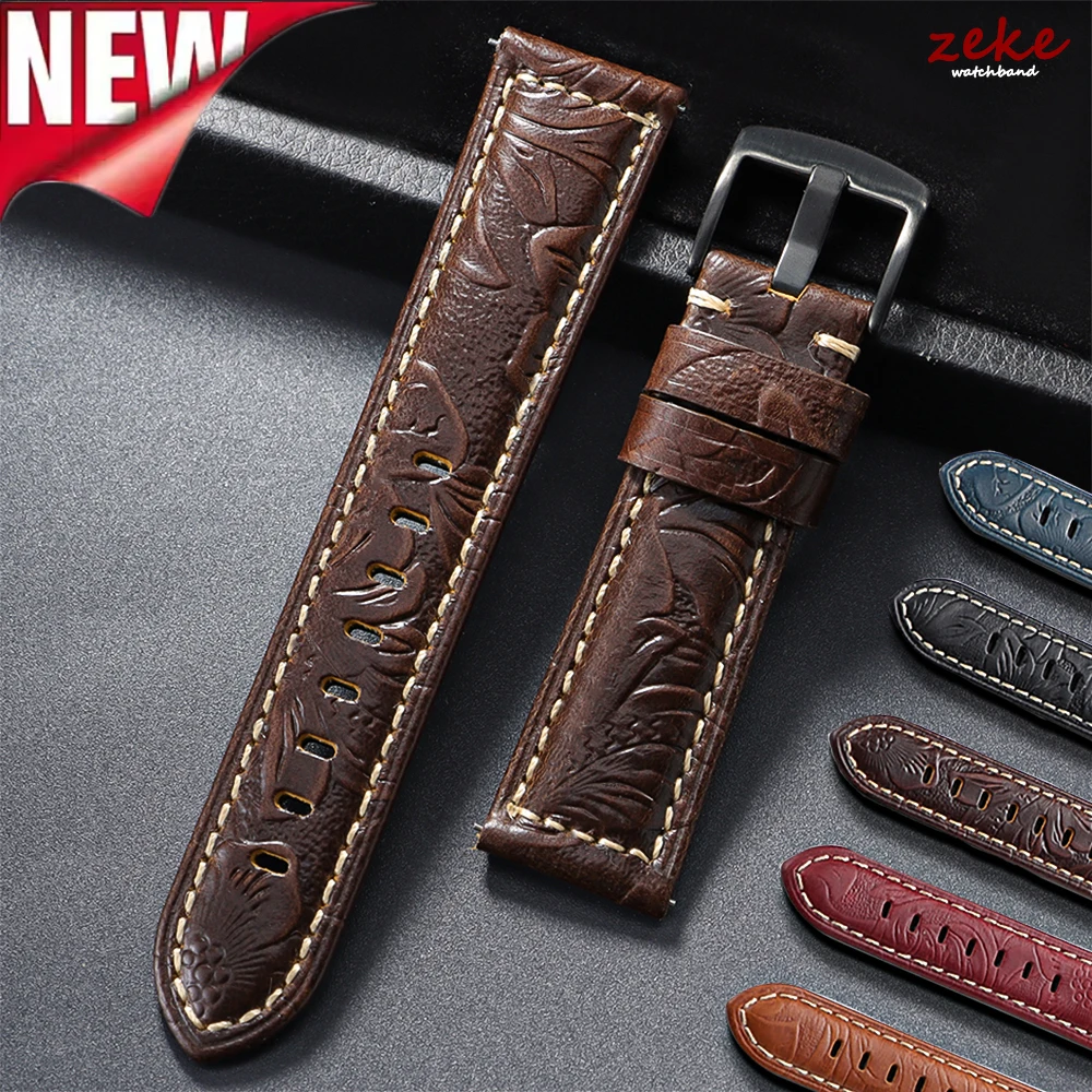 Handgefertigtes Crazy Horse-Leder-Uhrenarmband aus Rindsleder, 20 mm, 22 mm, 24 mm, 26 mm, universelle geschnitzte Bänder, schwarze Schnalle, Schnellverschluss-Armband