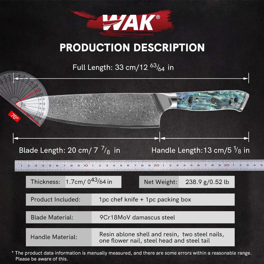 WAK 8'' Chef Knife 67 Layers Damascus Steel Blade Gyuto Knife Japanese Style VG10 Kitchen knife Resin Abalone Shell Handle