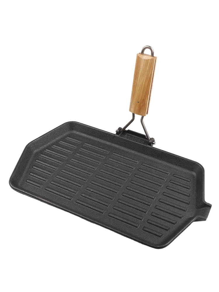 1PC Iron Grill Non-Stick Cast Iron Frying Pan With Even Heat & Foldable Wooden Handle Square Skillet For Indoor&Outdoor Grilling