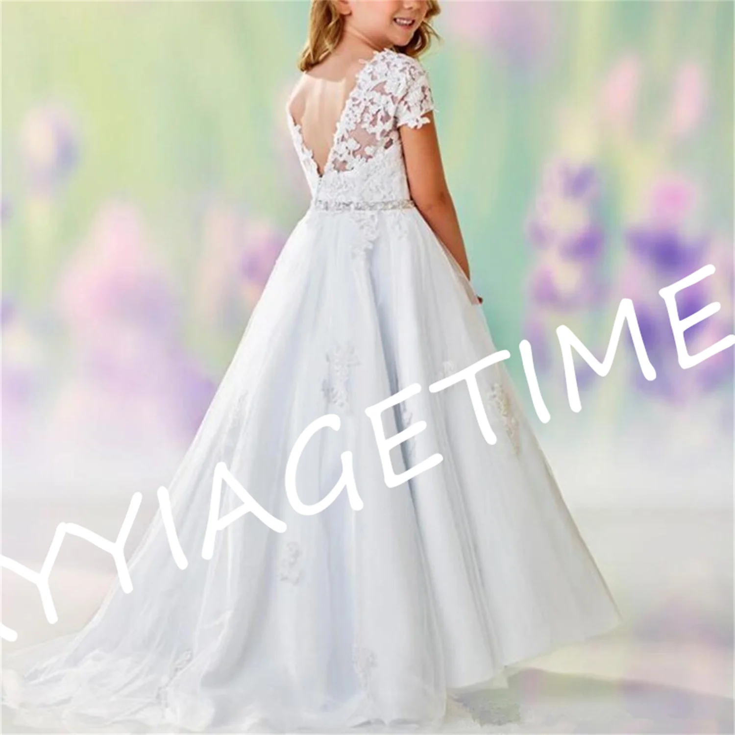 

White A-line Appliques Lace Cap Sleeve Flower Girl Dresses Beaded Waistline Fit Wedding Party First Communion Gown