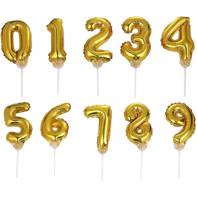 Five Inch Number 0-9 Gold Cake Toppers Foil Balloons Party Balloons Mini Cupcake Topper for Wedding Birthday Party Decorations