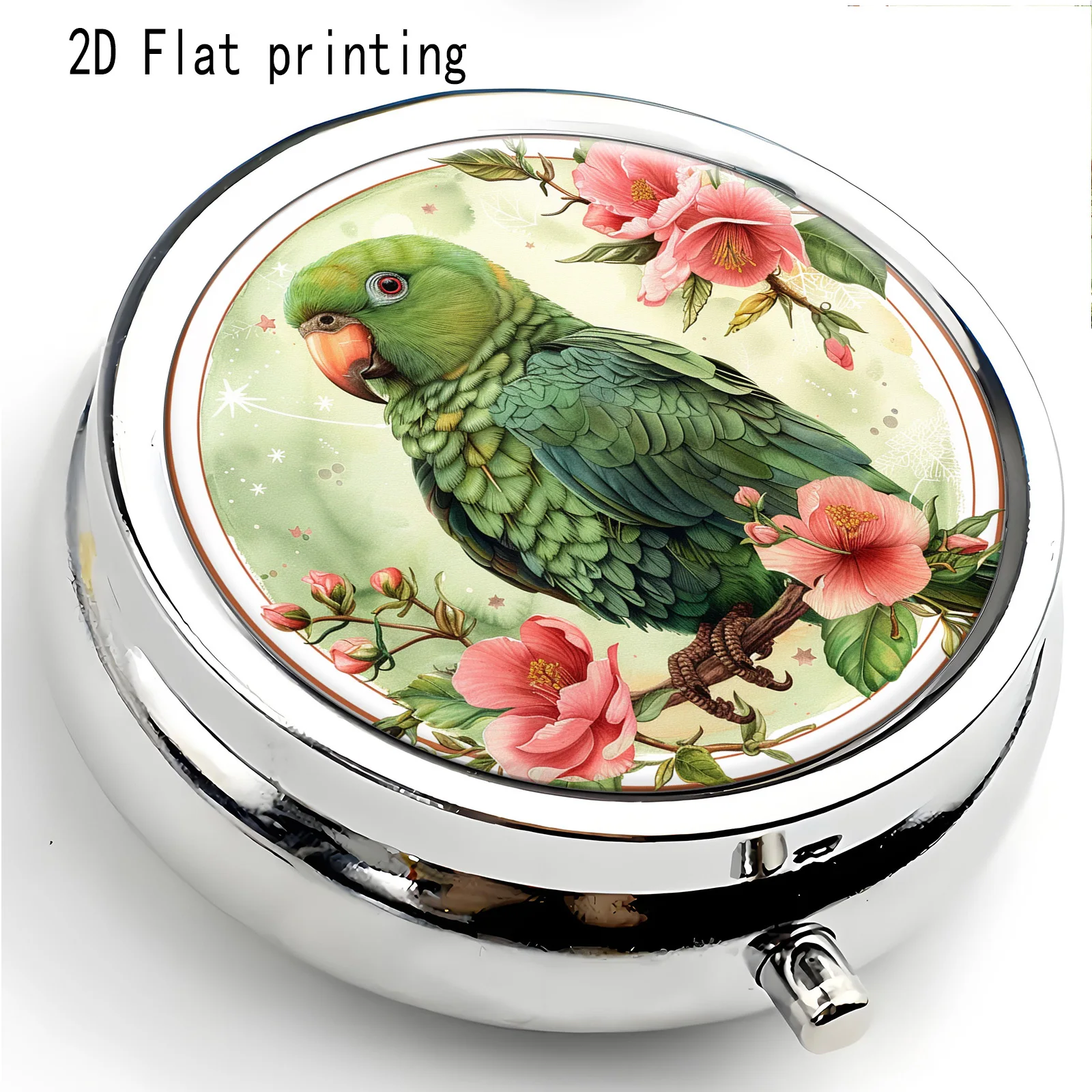 Single-piece, flat-printed, pink floral pattern with green parrot design, round three-compartment storage box, exquisite and portable, suitable for travel, applicable to various occasions, compact storage accessory box, suitable for all seasons, flat design