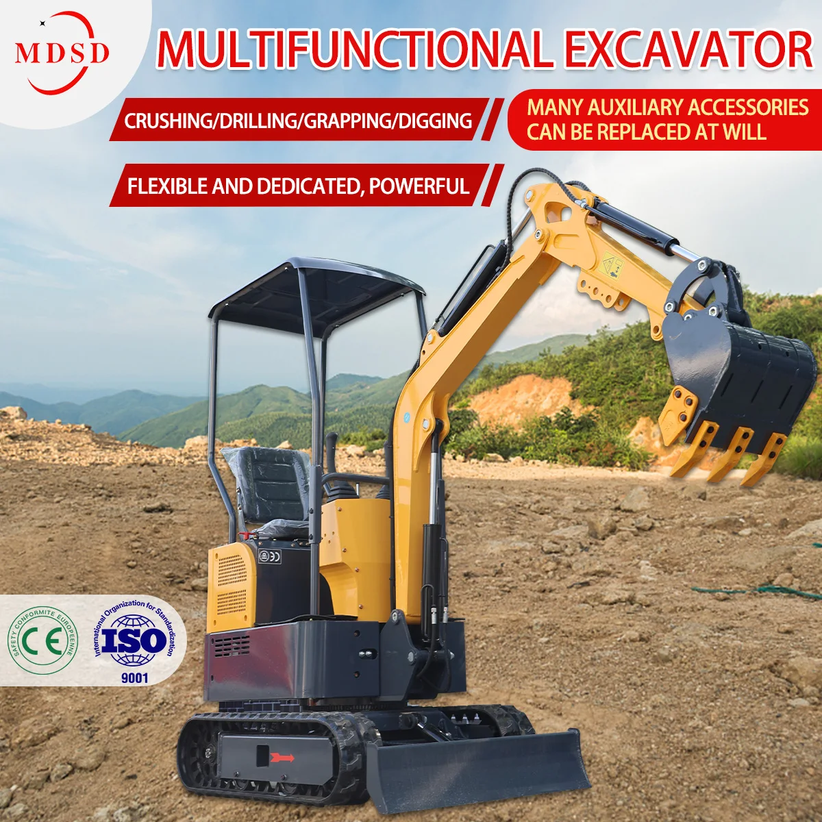 MD-15 حفارة صغيرة 1.5T حفار ديزل صغير مع كابينة محرك الديزل معدات البناء باجر مدمج مع دلو مخصص