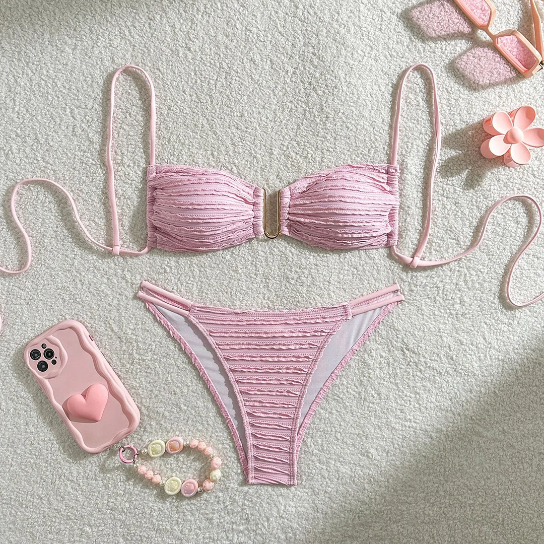 U-Ausschnitt, geraffter, geraffter Bikini, Damen-Badebekleidung, zweiteiliger Bikini-Set, hoch geschnittener Badeanzug, Badeanzug, Schwimmanzug V5708B – Detail 28