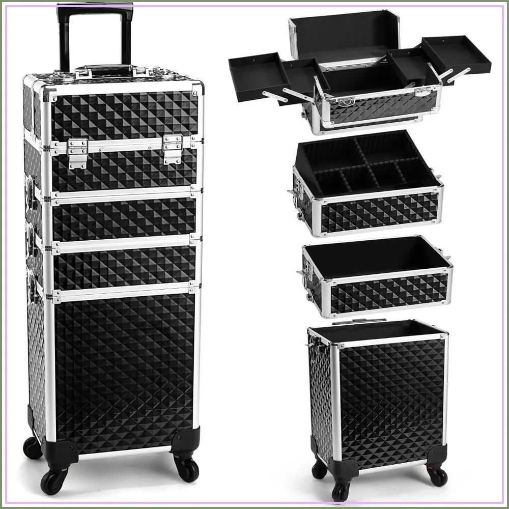 

4-in-1 Rolling Makeup Train Case, Cosmetology Cart on Wheels, Professional Lockable Storage Box for MUA/Manicure/Tattoo, Black