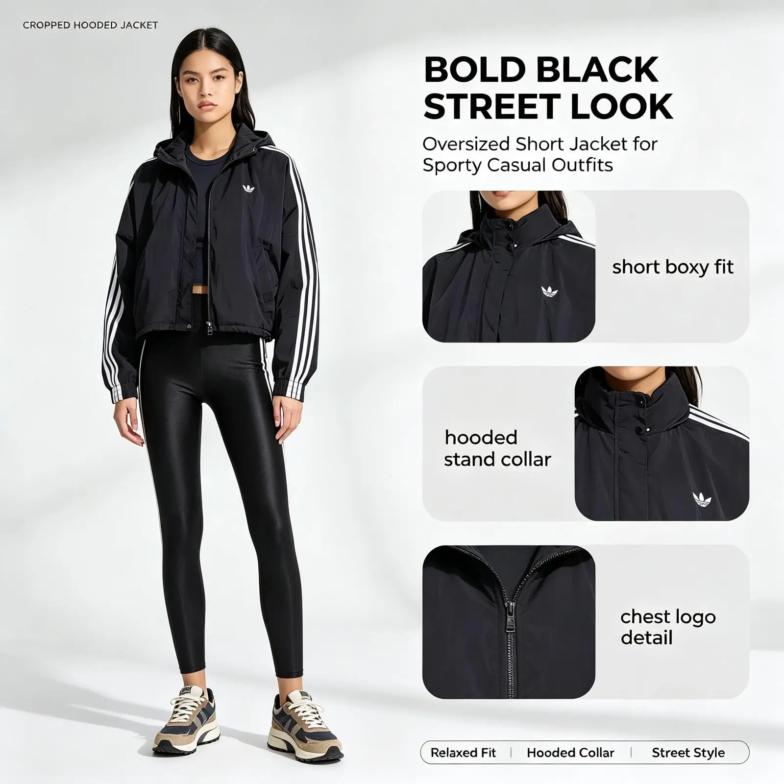 Adidas Authentic Black Cropped Hooded Jacket Women Short Zip-Up Track Jacket White Stripes Sporty Casual Streetwear Outerwear