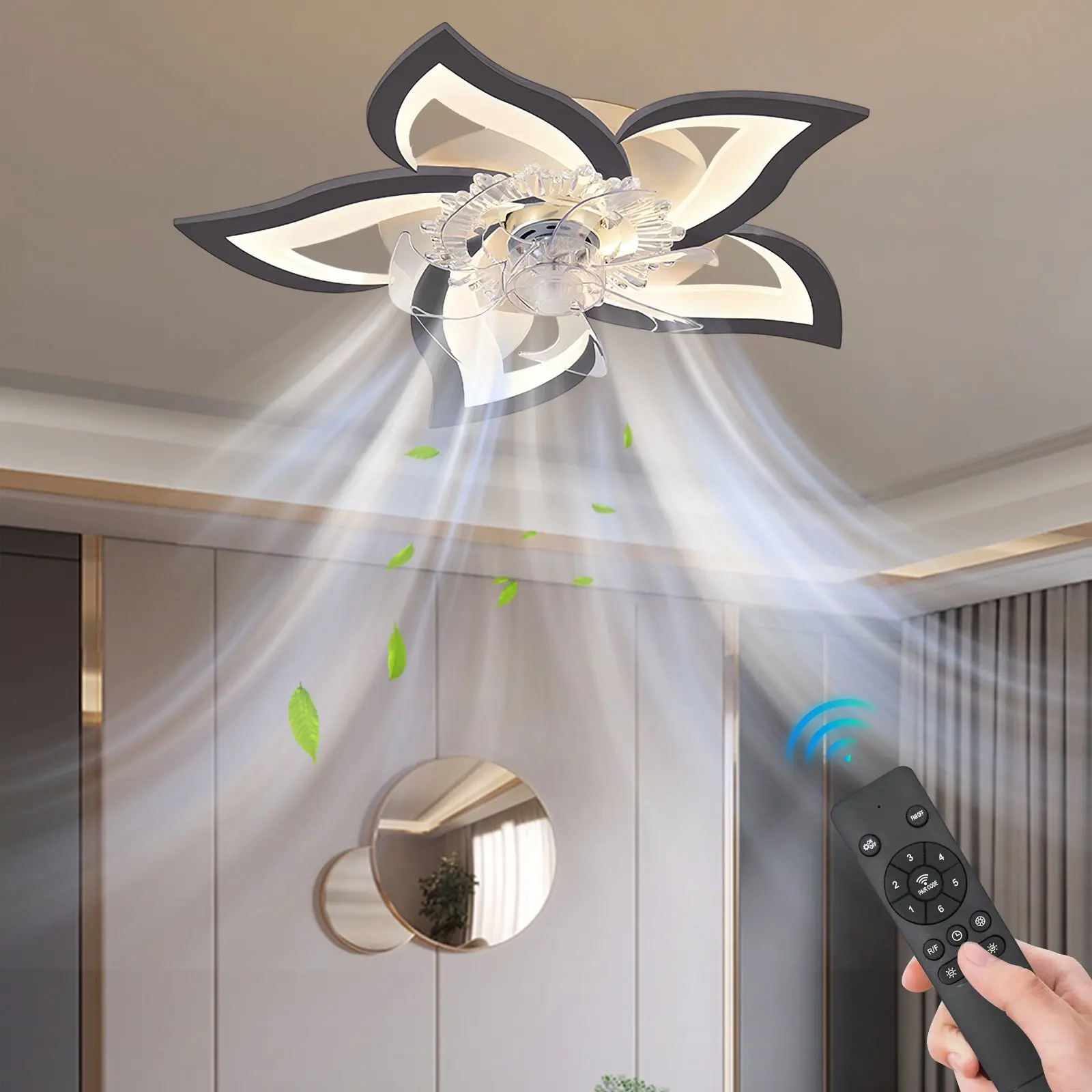 Kreativer Lotus-Deckenventilator mit LED-Beleuchtung, geräuscharmer Deckenventilator-Kronleuchter für Wohn-, Ess-, Schlaf- und Küchenbereiche, Wohnraumbeleuchtung.