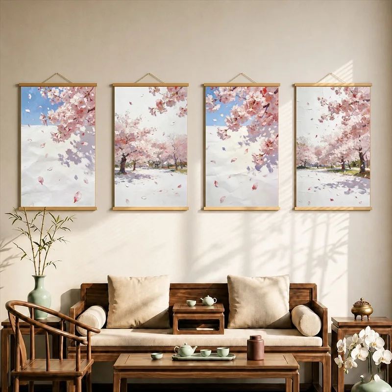 Wall Art Pink Blossom Gardens beneath Gentle Snow, Romantic Botanical Pearlescent Canvas Hanging Scroll for Boutique Guesthouse