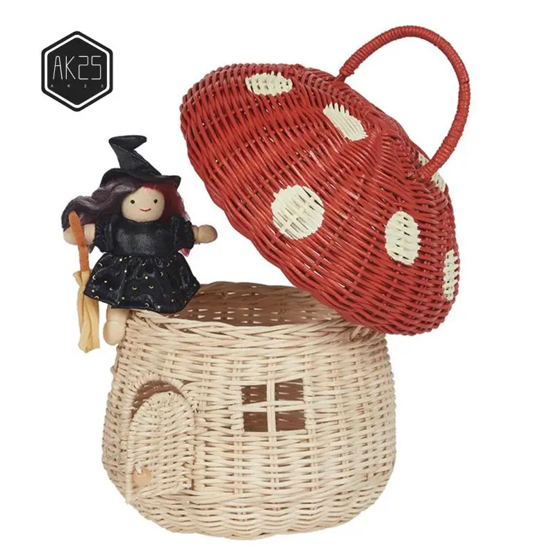 

AK25-Корзина для хранения в форме гриба из ротанга ручной работы-милые подарочные украшения ручной работы из ротанга