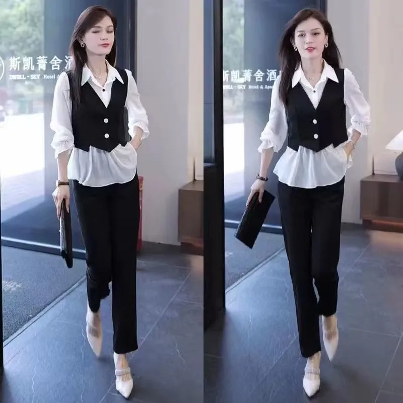 Fake Two-piece Fashion Shirt Women's Suit 2026 Spring Autumn New Foreign Style Age Reduction Professional Leisure Two-piece Suit