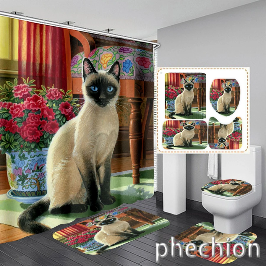 New 3D Print Cat Shower Curtain Waterproof Bathroom Curtain Anti-slip Bath Mat Set Toilet Rugs Carpet VR51