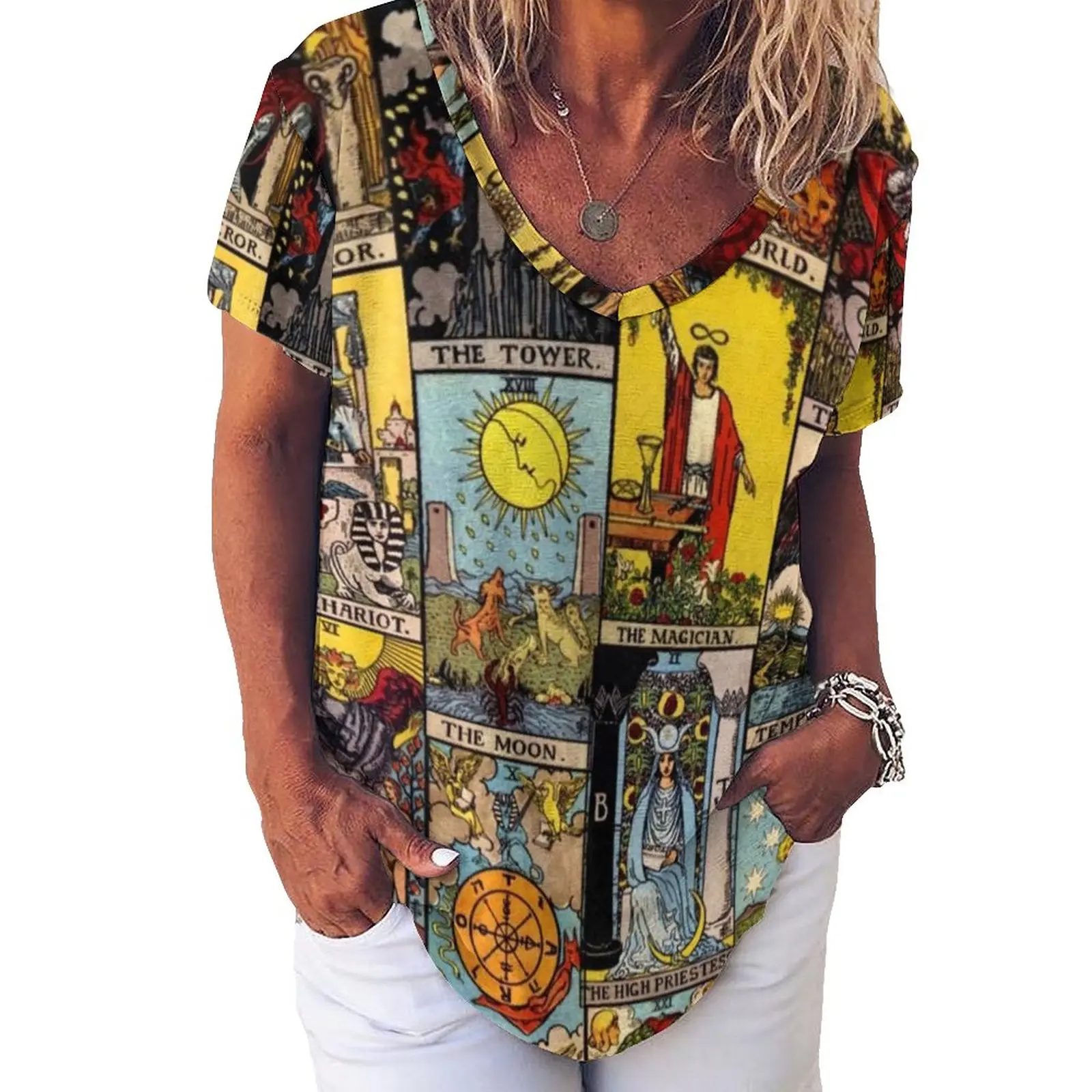 Vintage Moon T-Shirt Tarot Art Collage Retro T Shirts V Neck Short-Sleeve Printed Tshirt Women Classic Top Tees Big Size 3XL 4XL