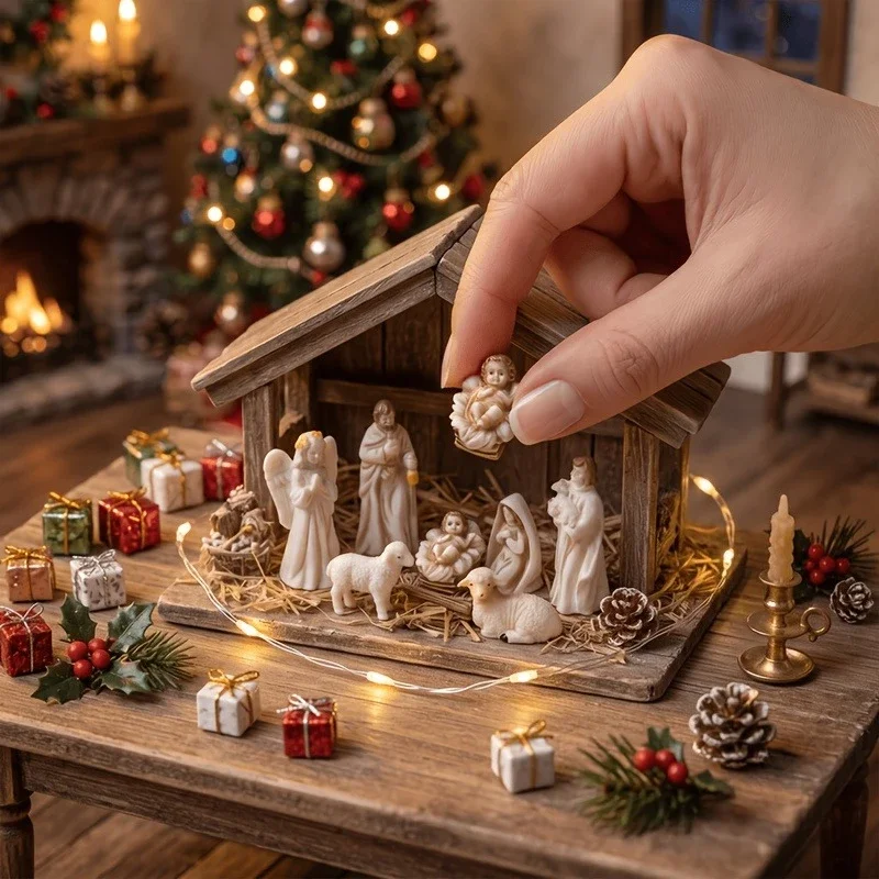 7Pcs Collectible Mini Nativity Scene Set Holy Family Figurines Resin Miniature Statues Religious Christmas Desktop Home Decor