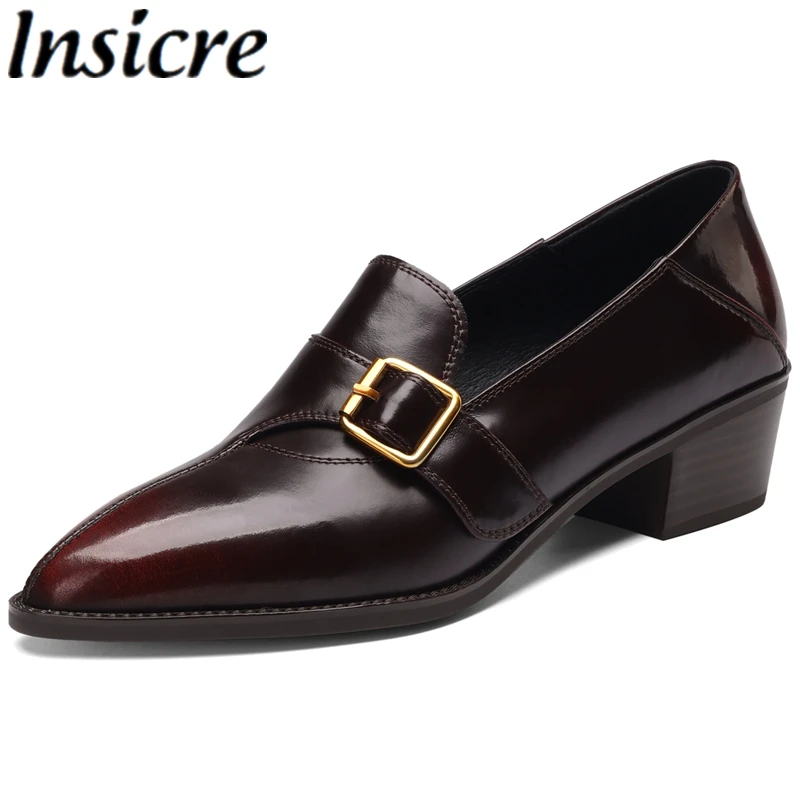 Insicre 2026 New Classic Women's Pumps Laminated Split Leather Pointed Toe Thick Mid Heels Buckle Handmade Spring Shoes