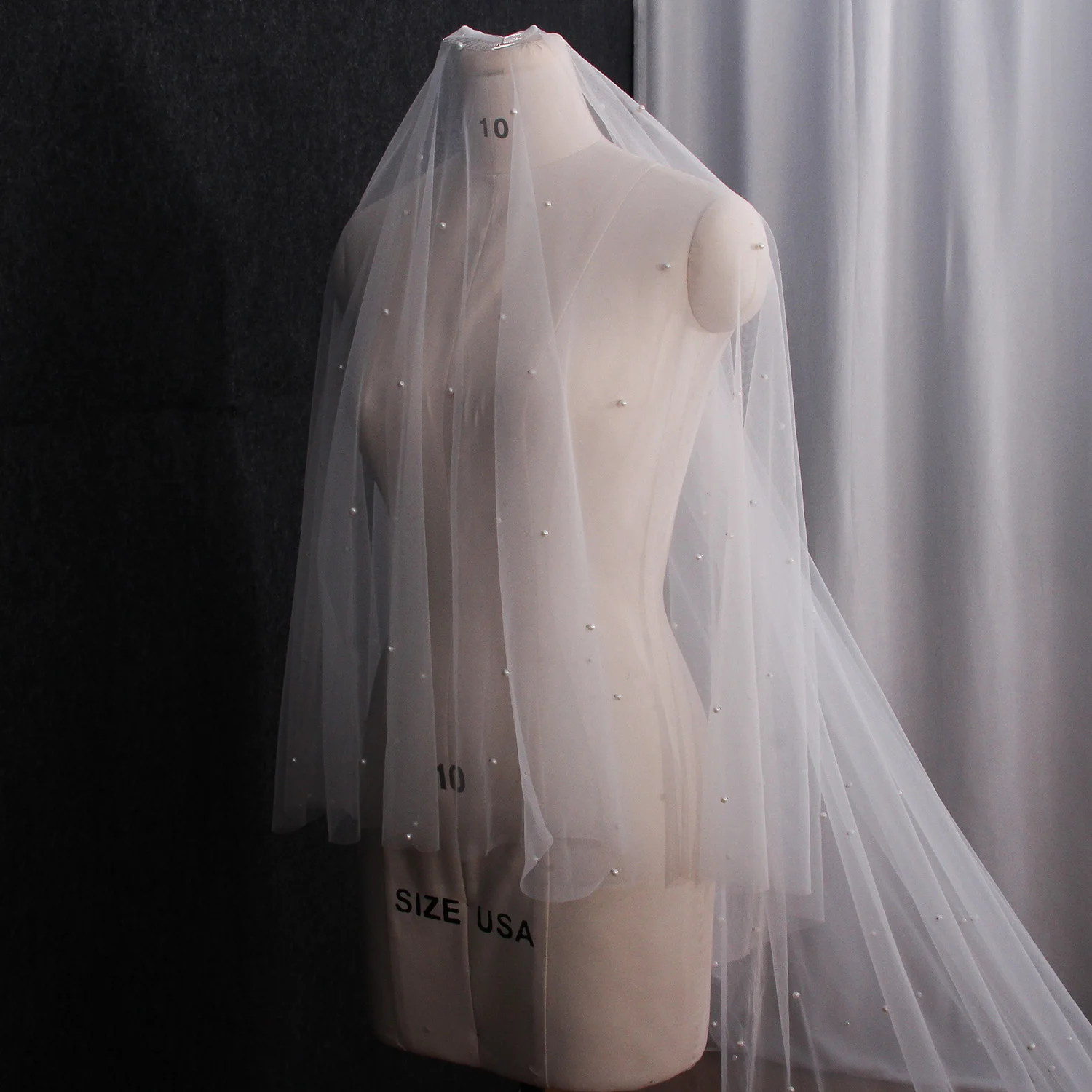 NZUK 2 Layer Cathedral Wedding Veil with Blusher Long Bridal Pearls Veus Bridal Veils Cover Front and Back