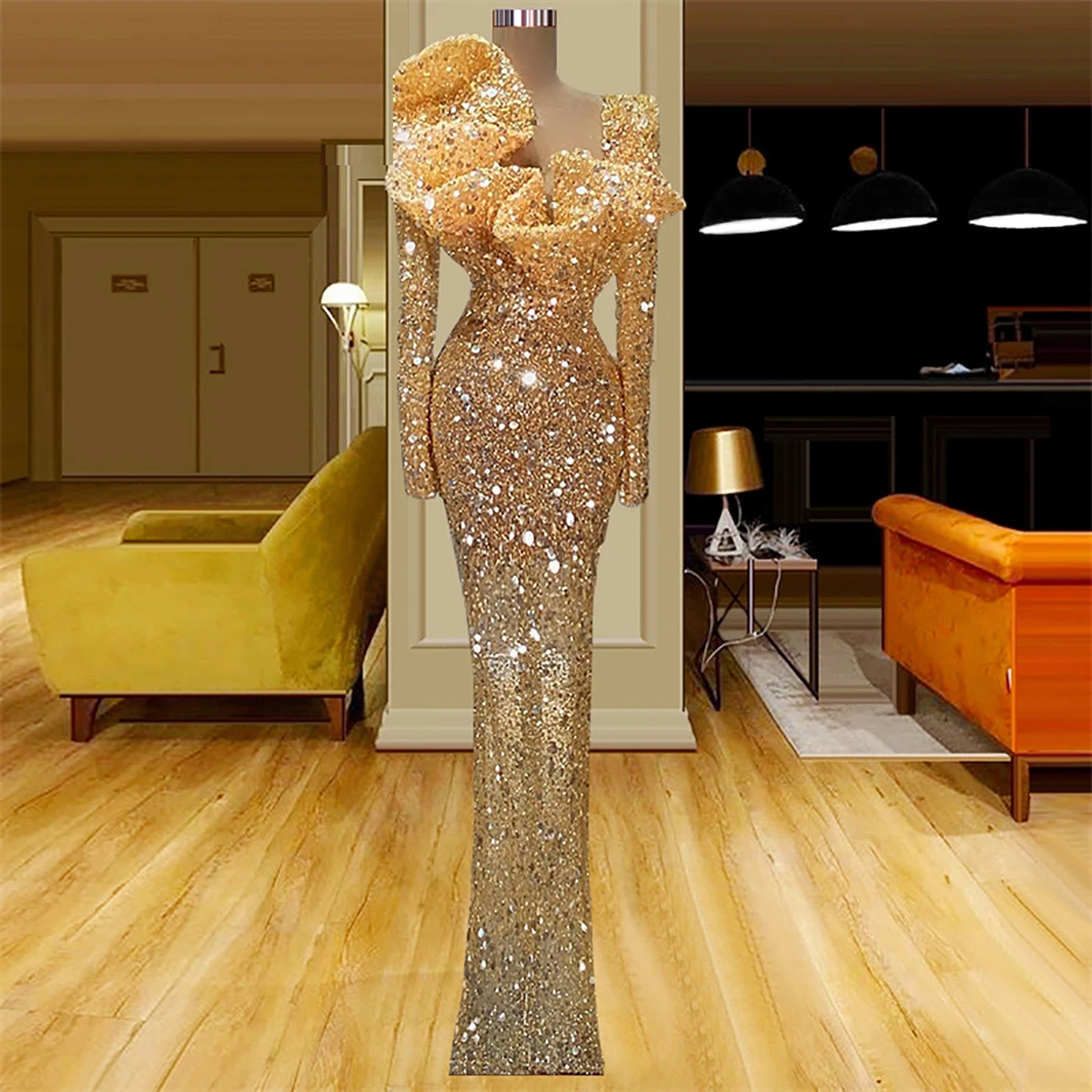 2025 Luxurious Beading Evening Dresses For Women Fashion Square Neck Long Sleeves Female Shoulder Simple Customized Prom Gowns