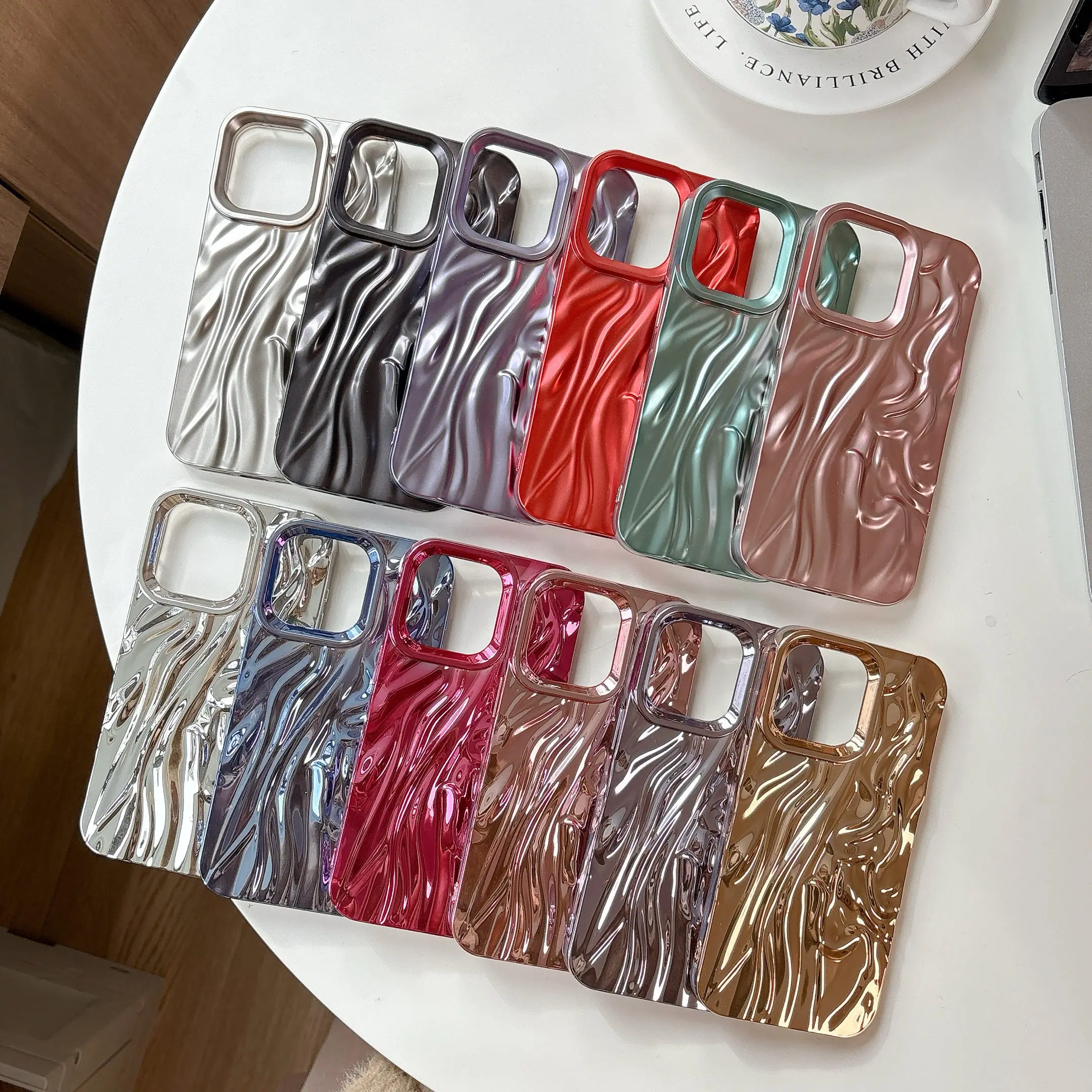 3D Pleated Wrinkle Plating Phone Case for iPhone 11 12 13 14 15 Pro Luxury Glitter Slim Solid Color Cover for iPhone 16 Pro Max